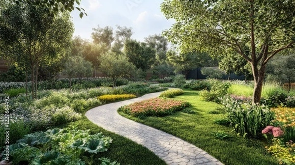 Obraz Lush Natural Vegetable Garden Pathway Surrounded by Cultivated Trees and Vibrant Floral Blooms in a Serene Outdoor Setting