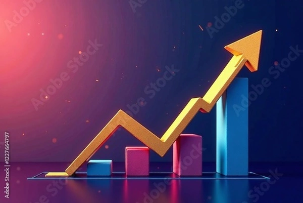 Fototapeta Colorful 3D graph depicting growth with arrows and bars on a modern background.