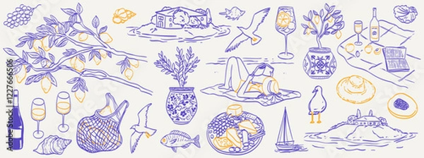 Fototapeta Italian summer vacation doodle style illustration set. Vector ink hand drawn Italy coast sea or beach print elements. Sea weekend or rest collection for invitations to beach party, picnic, wedding.