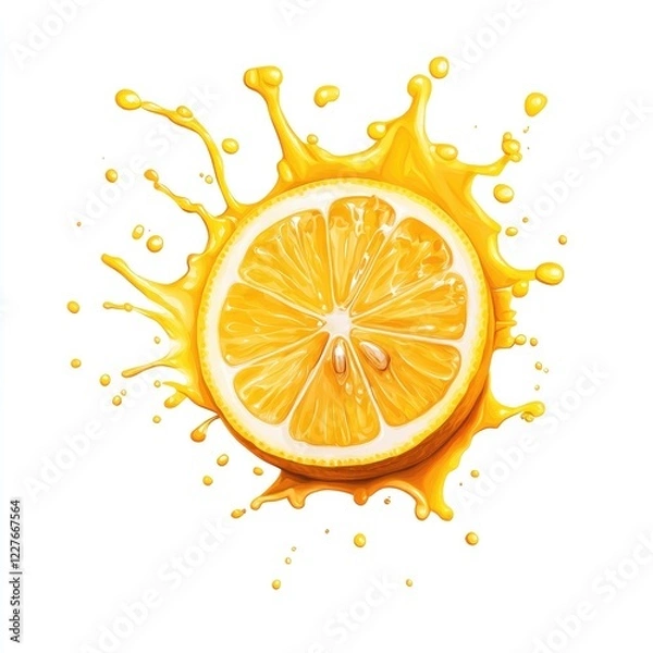 Fototapeta Vibrant Lemon Slice Surrounded by Bright Yellow Splash of Juice Isolated on Clean White Background