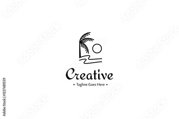 Fototapeta minimalist beach logo with coconut tree waves and sun in linear line art design style