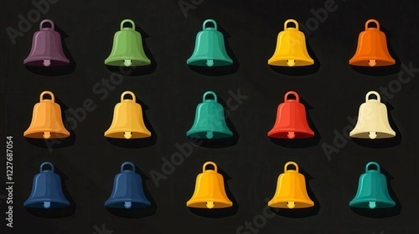 Fototapeta Collection of colorful pixel art bells arranged on a dark background. Each bell is a different color, including shades of green, yellow, red, purple