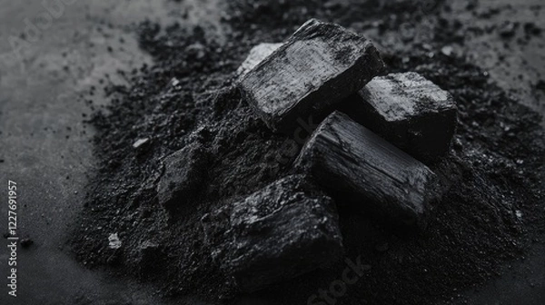 Fototapeta Organic Charcoal Pile on a Textured Black Surface for Eco-Friendly Applications