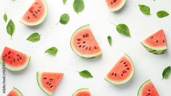 Fototapeta Fresh Organic Watermelon Slices with Green Leaves Arranged Artfully on a White Background Ideal for Summer Themes and Healthy Eating Concepts