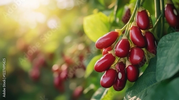 Obraz Organic Red Bean Crops Growing in Greenhouse Under Bright Sunlight Amidst Lush Greenery