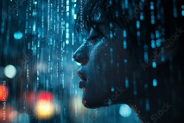 Fototapeta Woman with wet face observing falling binary code in a rainy city night