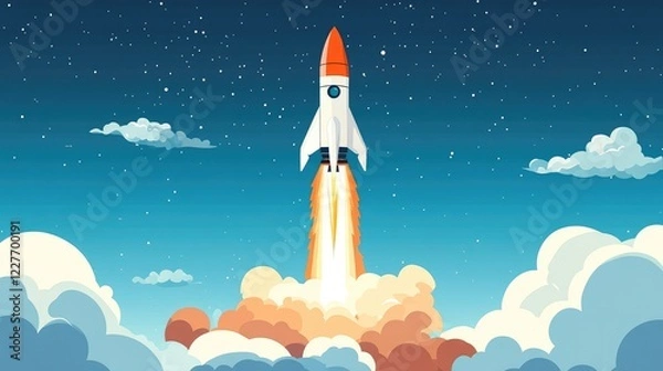 Fototapeta Rocket Launch Against a Blue Sky with Billowing Clouds and Vibrant Exhaust Flames