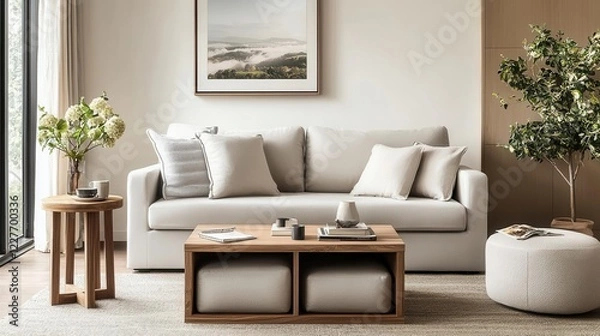 Fototapeta Multifunctional living room with a sofa bed, nesting tables, and hidden storage ottomans for compact living