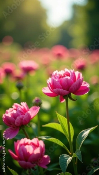 Fototapeta Peonies in a field with sunlight and shadows, sun, field, landscape