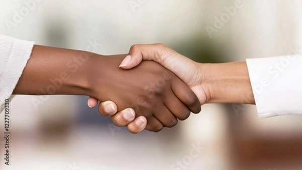 Fototapeta Two hands engaged in a handshake, symbolizing collaboration, trust, and partnership in a professional setting.