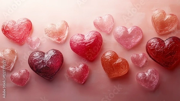 Fototapeta Glimmering pink and red hearts scattered on a textured background. Various sizes and shades create a romantic and celebratory mood. A soft, dreamy