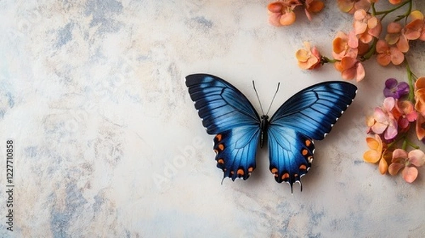 Fototapeta Vibrant blue butterfly resting on a textured surface with flowers, providing ample copyspace for design and text integration.