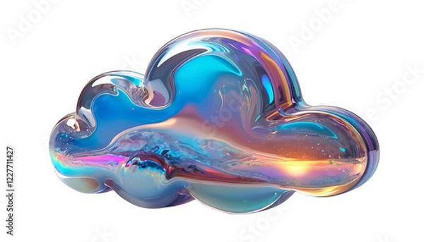 Fototapeta 3D chrome holographic element in Y2K style, isolated background, liquid metal. Cloud made of colorful glass floating in the air, vibrant colors.