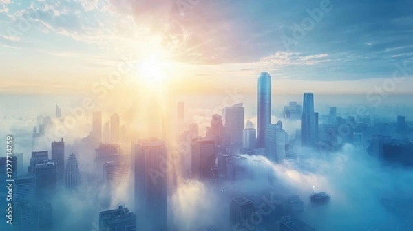 Fototapeta Sunbeams breaking through the fog highlight towering skyscrapers, crafting a stunning cityscape at dawn, where the urban landscape merges with the tranquil morning atmosphere