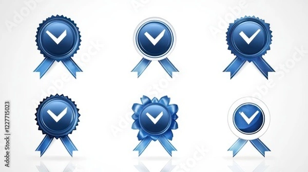 Fototapeta Six blue circular badges with white checkmarks and blue ribbons on a white background. Badges have varying textures and styles. Digital illustration