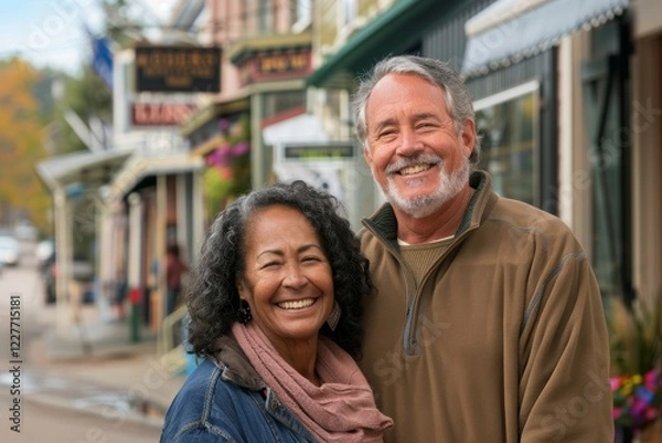 Fototapeta Portrait of a smiling multiethnic couple in their 70s sporting a long-sleeved thermal undershirt while standing against charming small town main street