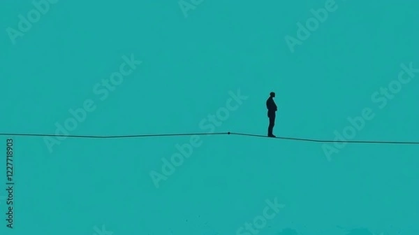 Fototapeta Individual stands alone on a minimalistic landscape against a bright turquoise background during a calm moment of reflection