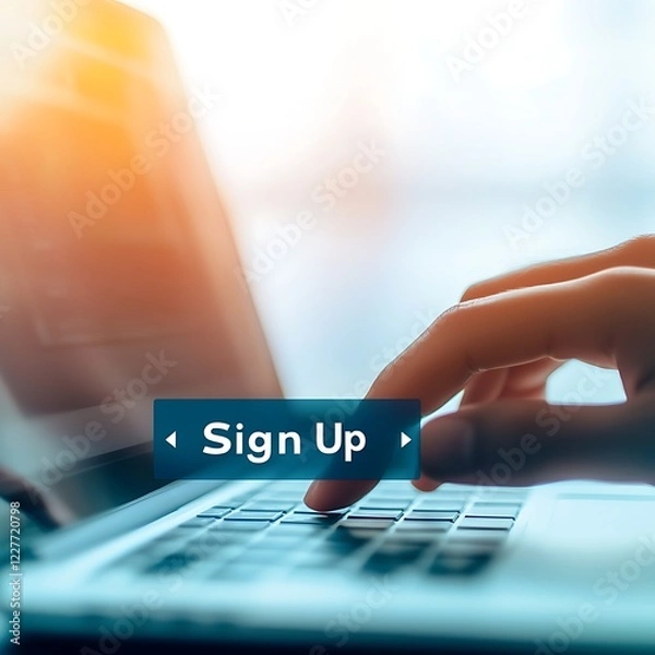 Fototapeta subscribe marketing signup A hand clicking a "Sign Up" button on a laptop keyboard in a bright environment.