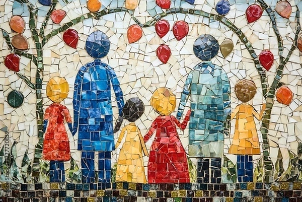 Fototapeta Whimsical mosaic art depicts a loving family holding hands under a colorful, vibrant tree.