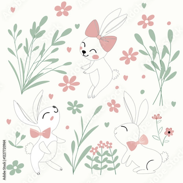 Obraz Three white rabbits and pink bow smile happy play  together,pink flowers and slim leaves small heart and circle vector pattern.