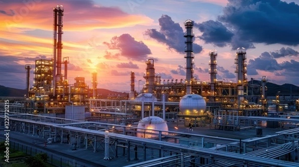 Obraz Industrial complex at sunset with towering smokestacks and vibrant sky reflecting activity