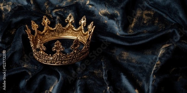 Fototapeta Luxurious gold crown placed on rich velvet fabric with ample space for personalized text or announcements