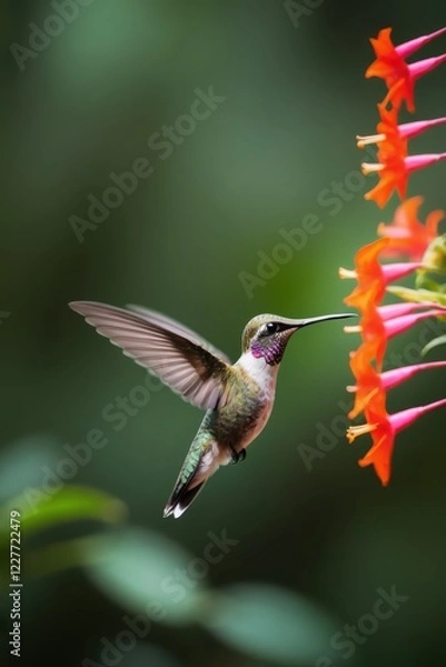 Fototapeta  A delicate hummingbird gracefully hovering near vibrant flowers