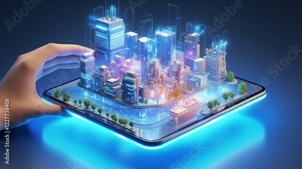 Obraz 3D Isometric Augmented Reality Concept with Hand Holding a Connected Smart City