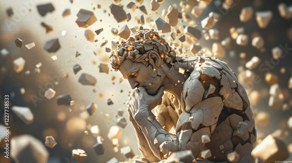 Fototapeta Marble statue of a man thinking ,artistically broken and fragmented, explosion of pieces suspended in the air and light beams shining through the gaps