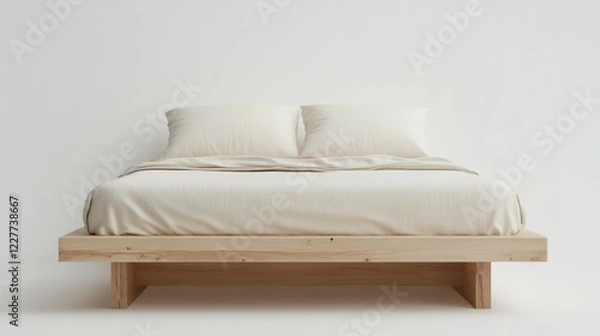 Fototapeta Minimalist bed mockup with neutral bedding set in a bright studio against a white background featuring smooth wood texture and ample empty space