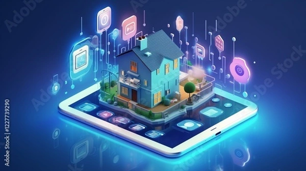 Obraz 3D Isometric Banner of Smart Home with Numbers-Shaped Building and Household Devices