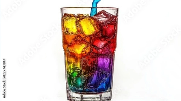 Fototapeta A tall glass of a colorful drink, captured against a white background with the liquid and glass highlighted