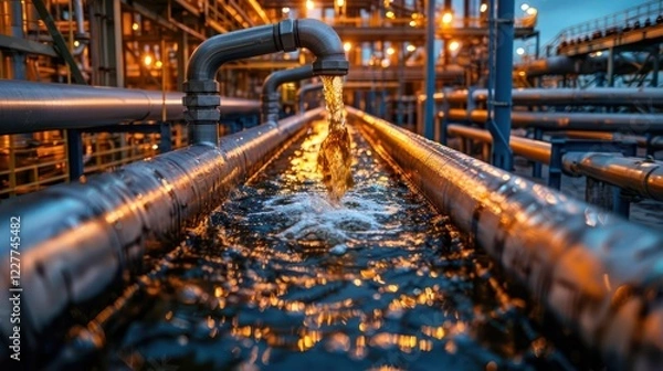 Fototapeta Industrial water flow through pipes at a refinery during twilight, with illuminated surroundings