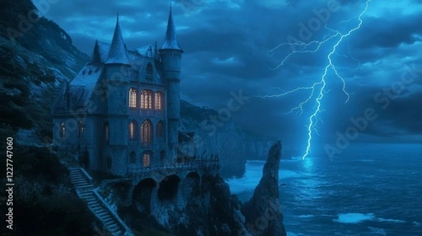 Obraz Dark castle on a cliff illuminated by lightning during a stormy night by the sea