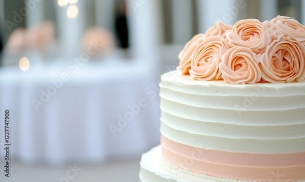Obraz White and pink wedding cake with flowers, ready for the celebration