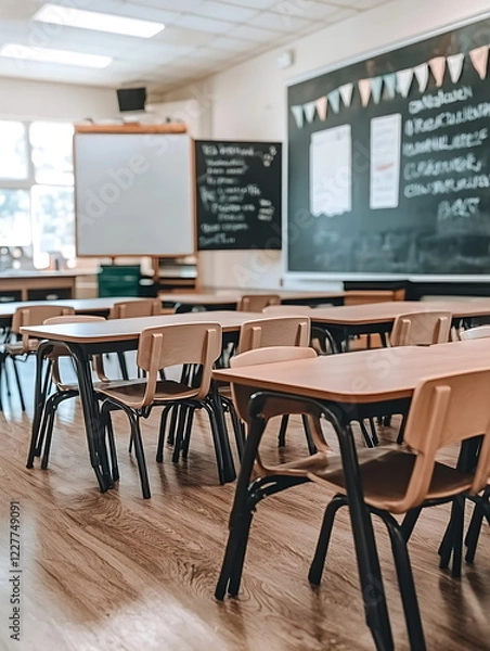 Fototapeta A photo of an empty classroom with blackboards and desks
