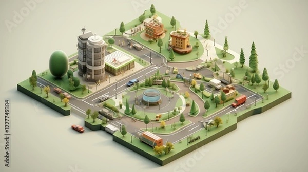 Obraz 3D Isometric City Park Icons Featuring Green Spaces, Market Stalls, and Events