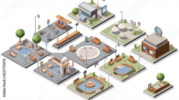 Obraz 3D Isometric City Square Objects Set with Relaxation Zones and Entertainment