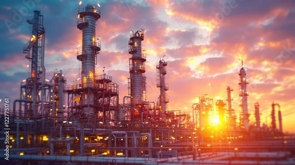 Fototapeta Industrial skyline at sunset with towering structures and vibrant clouds, showcasing energy production