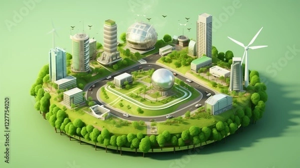 Obraz 3D Isometric Environmental Sustainability with Green Tech and Circular Economy