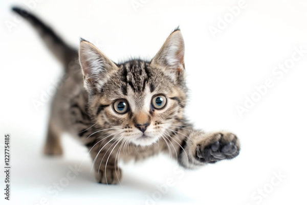 Obraz A tabby cat mid-pounce on a white background.