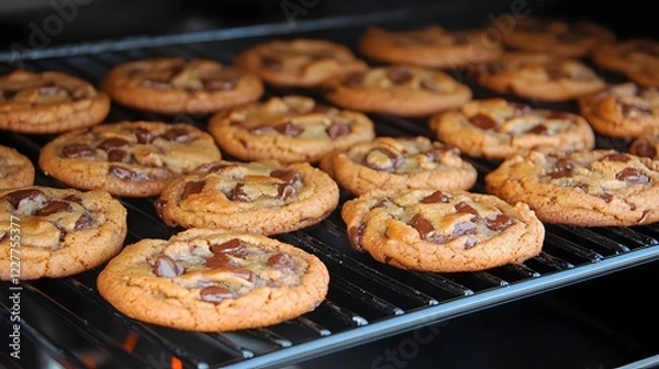 Fototapeta Freshly baked cookies cooling on a rack in an oven.