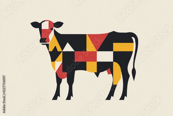 Fototapeta A stylized cow design featuring bold geometric shapes in red, yellow, and black against a light background, creating a playful and modern interpretation of traditional farm imagery.