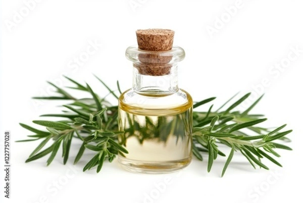 Fototapeta A small bottle of essential oil rests gracefully among fresh green rosemary sprigs. This image captures the essence of natural wellness and aromatherapy. Generative AI