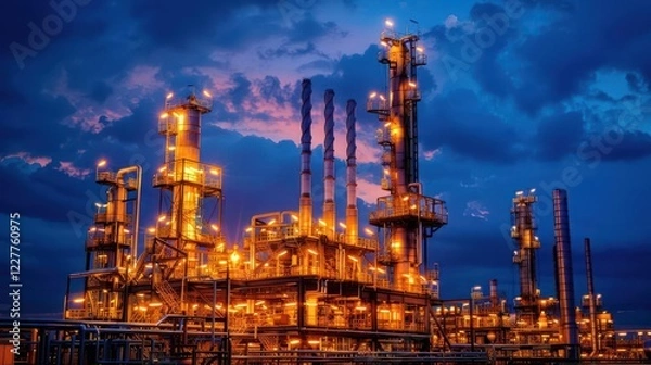 Obraz Industrial plant illuminated at dusk with dramatic clouds and vibrant colors in the sky