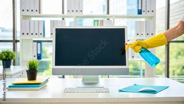 Fototapeta Cleaning a Computer Monitor with Spray Bottle in a Modern Office Setting