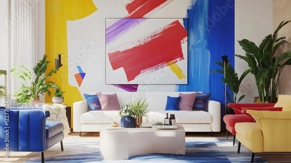 Fototapeta Modern interior design with vibrant colors, including red, blue, and yellow, featuring a white sofa set
