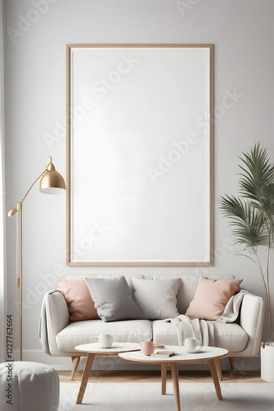 Fototapeta Vertical thin picture frame mount mockup. Empty wooden frame poster mock-up template on oak wooden parquet floor. White wall background