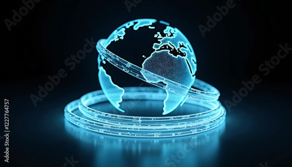 Obraz Glowing optical fiber cable coiled in a sphere, isolated on dark gradient background, futuristic clean setup