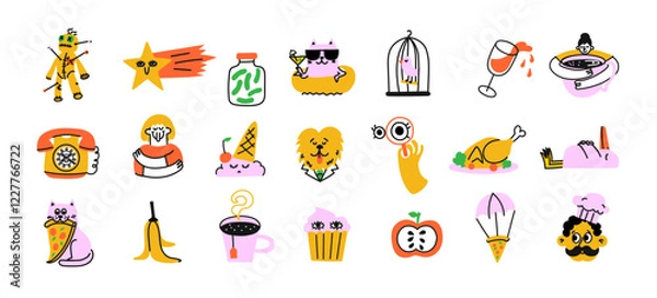 Fototapeta Groovy hipster 90s style stickers. Collection of trendy retro doodle illustrations for the patches, stickers, labels, tags, stamps.